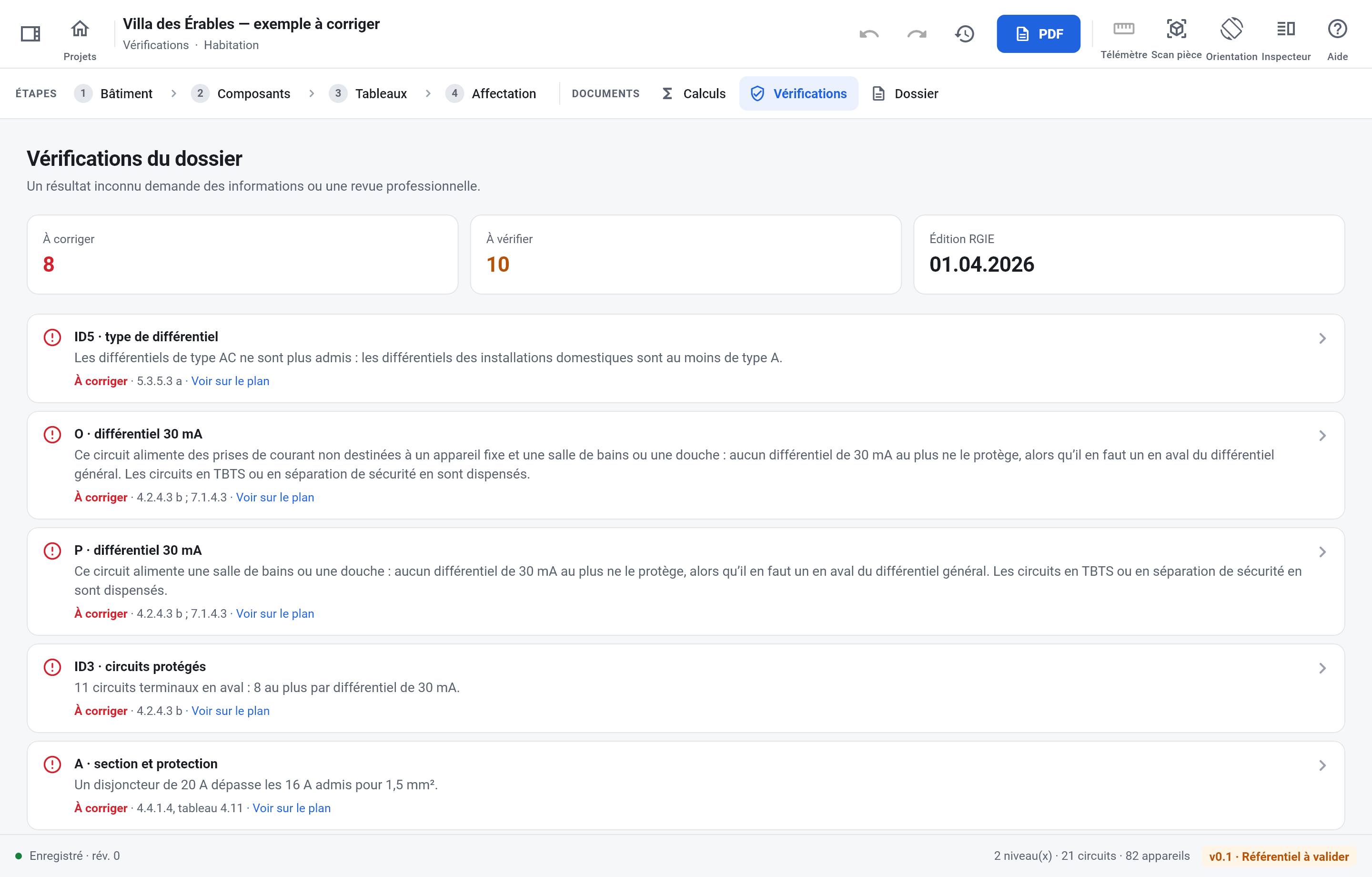 La page Vérifications d’ES Schémas sur la version à corriger : huit constats à corriger, chacun avec son article du RGIE.